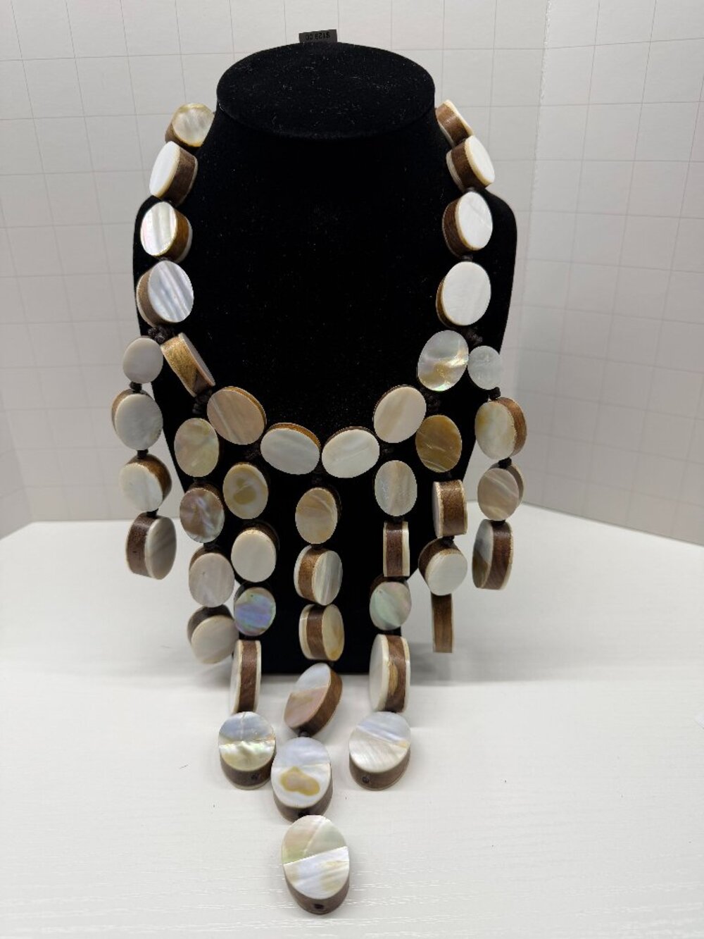 Vintage Chico's Multi-Strand Coco Wood Mother of Pearl Shell Disc Bib Necklace